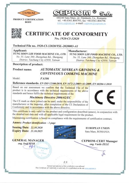 AUTOMATISK SOJABÖNKRINNING & KONTINUERLIG MASKIN CE-certifikat